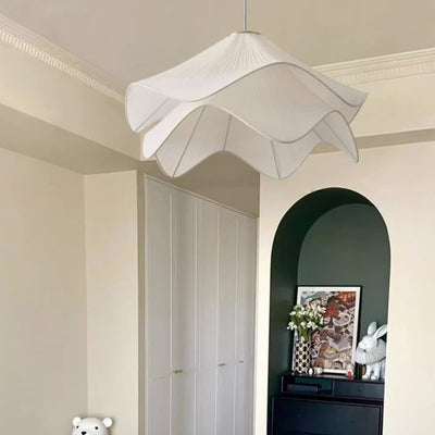 Traditional French Cream Petal Round Iron Pleated Silk 1-Light Pendant Light For Bedroom