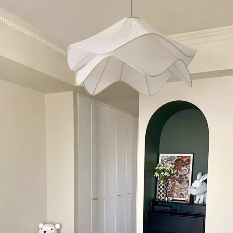 Traditional French Cream Petal Round Iron Pleated Silk 1-Light Pendant Light For Bedroom