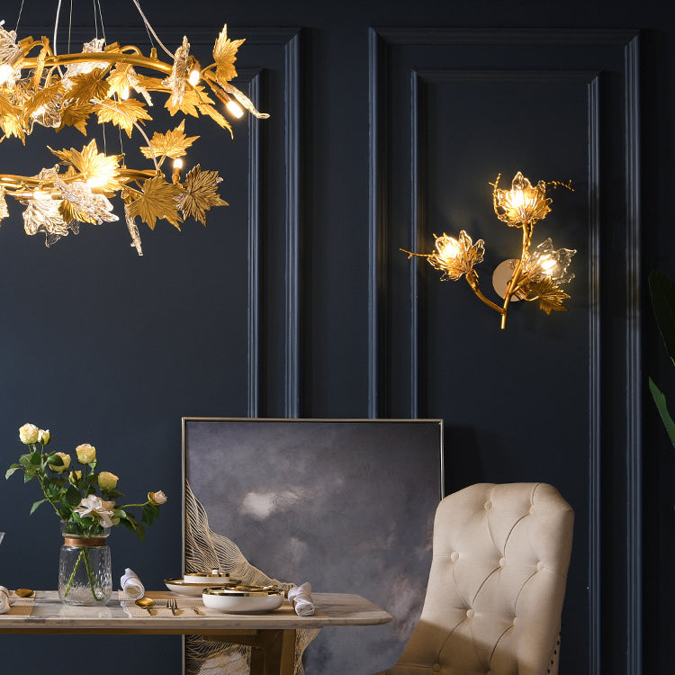 Contemporary Creative Maple Leaf Twig Aluminum Glass 3-Light Wall Sconce Lamp For Bedroom