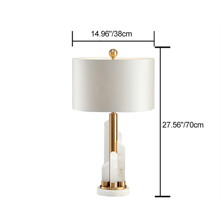 Modern Minimalist Round Cylinder Marble Hardware Fabric 1-Light Table Lamp For Bedroom
