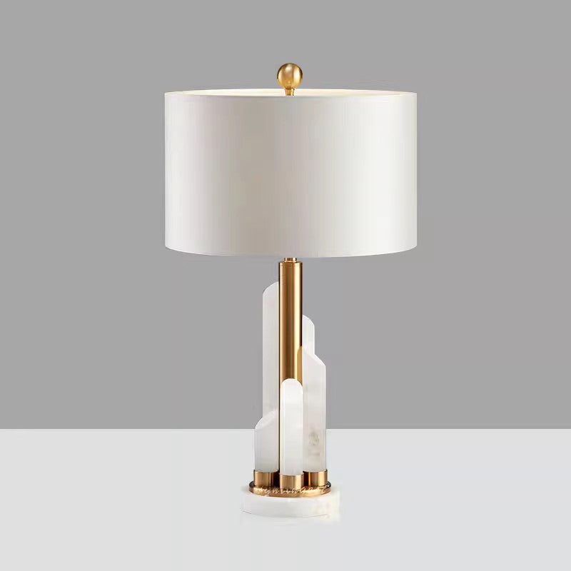 Modern Minimalist Round Cylinder Marble Hardware Fabric 1-Light Table Lamp For Bedroom