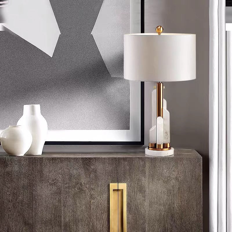 Modern Minimalist Round Cylinder Marble Hardware Fabric 1-Light Table Lamp For Bedroom