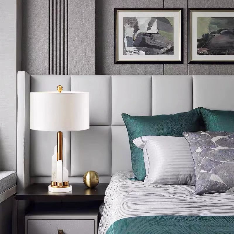 Modern Minimalist Round Cylinder Marble Hardware Fabric 1-Light Table Lamp For Bedroom