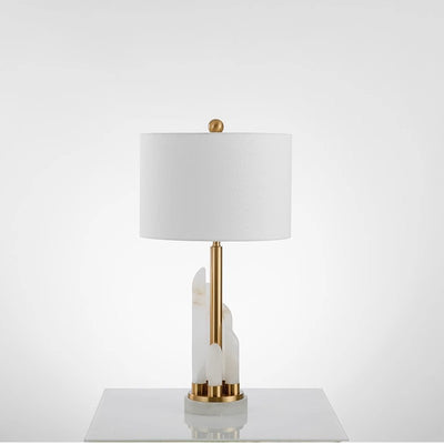 Modern Minimalist Round Cylinder Marble Hardware Fabric 1-Light Table Lamp For Bedroom