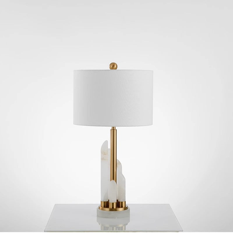 Modern Minimalist Round Cylinder Marble Hardware Fabric 1-Light Table Lamp For Bedroom