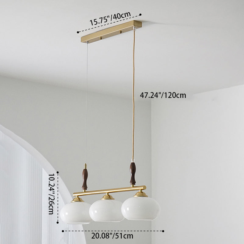 Zeitgenössischer skandinavischer runder linearer Eisen-Holz-Glas 3-Licht-Kronleuchter für das Esszimmer 