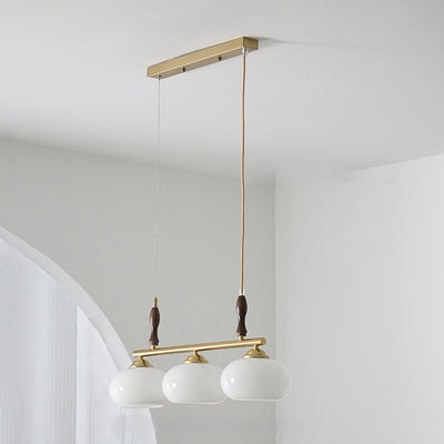 Zeitgenössischer skandinavischer runder linearer Eisen-Holz-Glas 3-Licht-Kronleuchter für das Esszimmer 