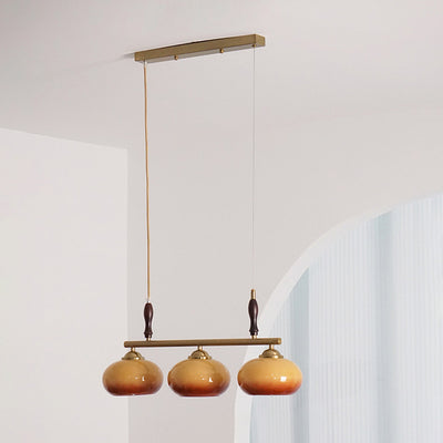 Zeitgenössischer skandinavischer runder linearer Eisen-Holz-Glas 3-Licht-Kronleuchter für das Esszimmer 