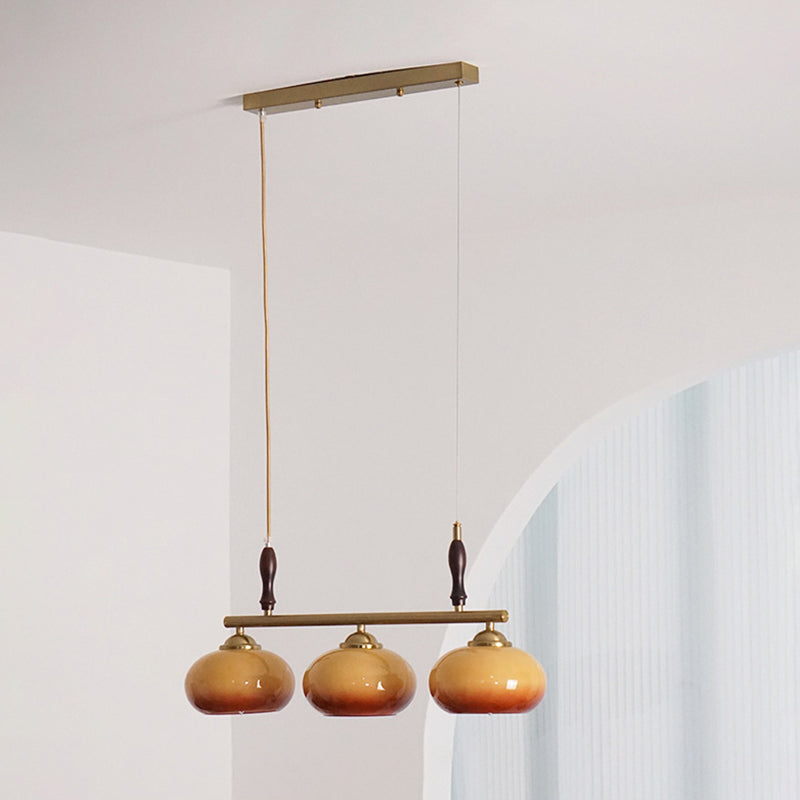 Zeitgenössischer skandinavischer runder linearer Eisen-Holz-Glas 3-Licht-Kronleuchter für das Esszimmer 