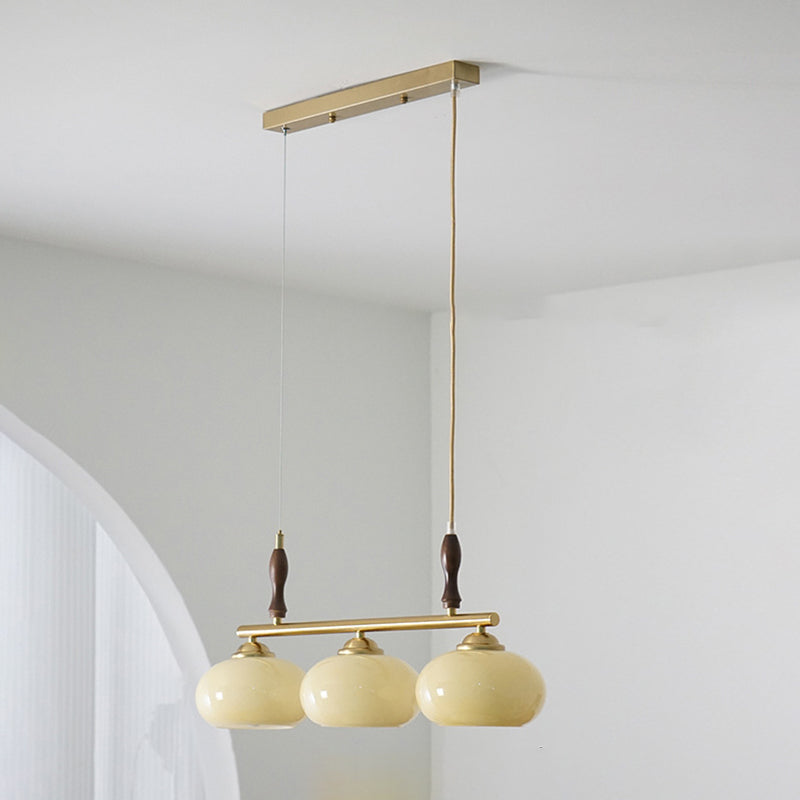 Zeitgenössischer skandinavischer runder linearer Eisen-Holz-Glas 3-Licht-Kronleuchter für das Esszimmer 