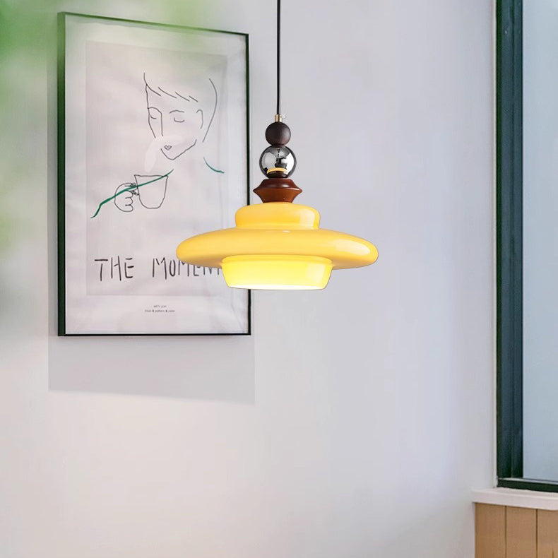 Suspension 1 lumière en bois massif, verre et fer, en forme de chapeau de paille vintage traditionnel, pour chambre à coucher 