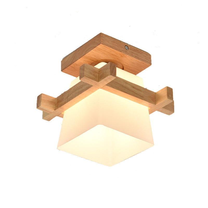 Traditional Japanese Rectangular Solid Wood Glass 1-Light Semi-Flush Mount Ceiling Light For Hallway
