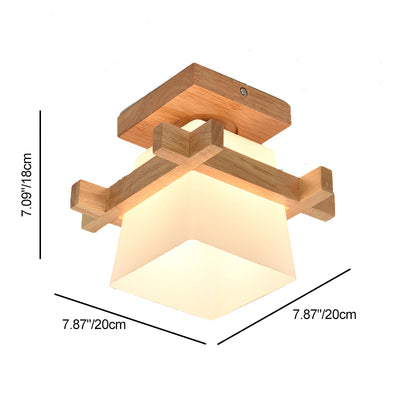 Traditional Japanese Rectangular Solid Wood Glass 1-Light Semi-Flush Mount Ceiling Light For Hallway