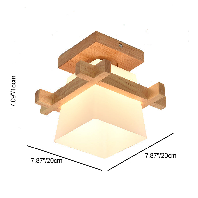 Traditional Japanese Rectangular Solid Wood Glass 1-Light Semi-Flush Mount Ceiling Light For Hallway