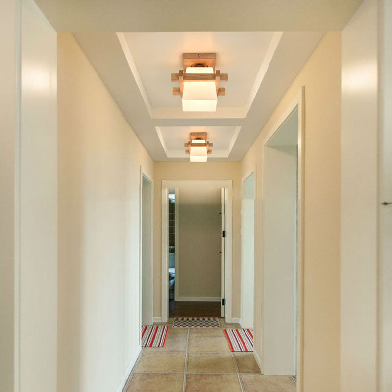 Traditional Japanese Rectangular Solid Wood Glass 1-Light Semi-Flush Mount Ceiling Light For Hallway