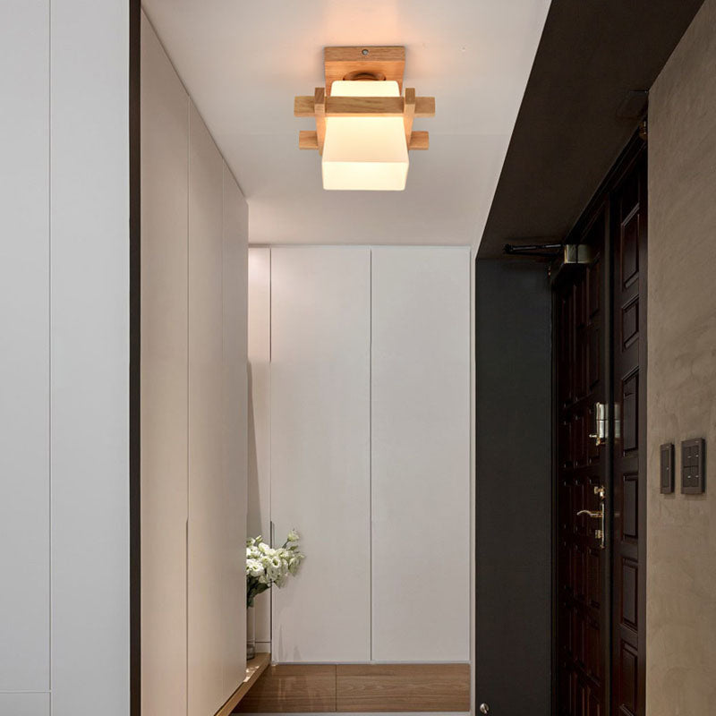 Traditional Japanese Rectangular Solid Wood Glass 1-Light Semi-Flush Mount Ceiling Light For Hallway