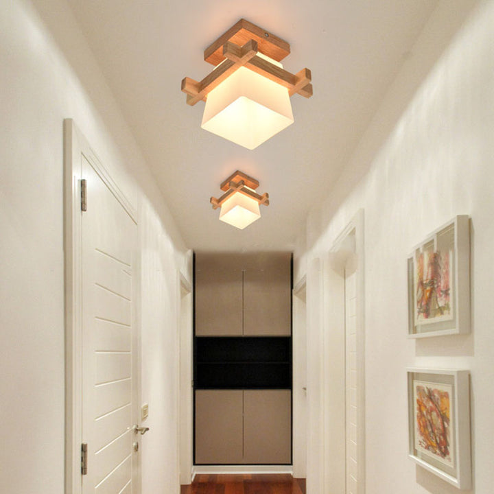 Traditional Japanese Rectangular Solid Wood Glass 1-Light Semi-Flush Mount Ceiling Light For Hallway