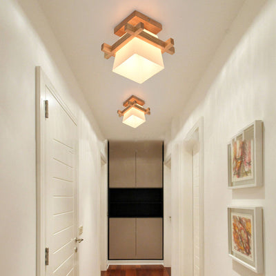 Traditional Japanese Rectangular Solid Wood Glass 1-Light Semi-Flush Mount Ceiling Light For Hallway