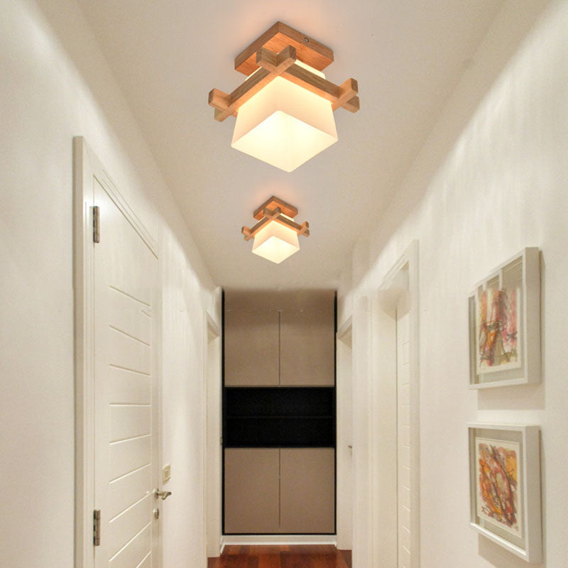 Traditional Japanese Rectangular Solid Wood Glass 1-Light Semi-Flush Mount Ceiling Light For Hallway