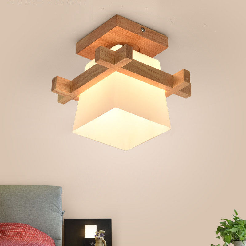 Traditional Japanese Rectangular Solid Wood Glass 1-Light Semi-Flush Mount Ceiling Light For Hallway
