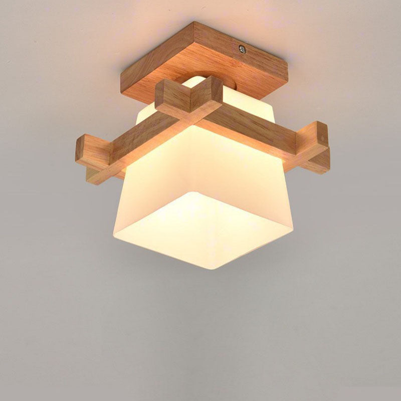 Traditional Japanese Rectangular Solid Wood Glass 1-Light Semi-Flush Mount Ceiling Light For Hallway
