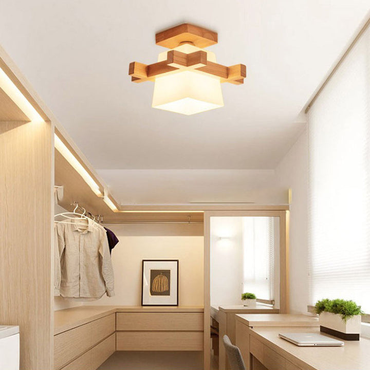 Luz de techo semiempotrada de 1 luz de vidrio de madera maciza rectangular japonesa tradicional para pasillo 