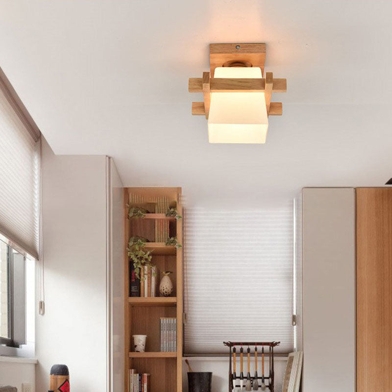 Traditional Japanese Rectangular Solid Wood Glass 1-Light Semi-Flush Mount Ceiling Light For Hallway