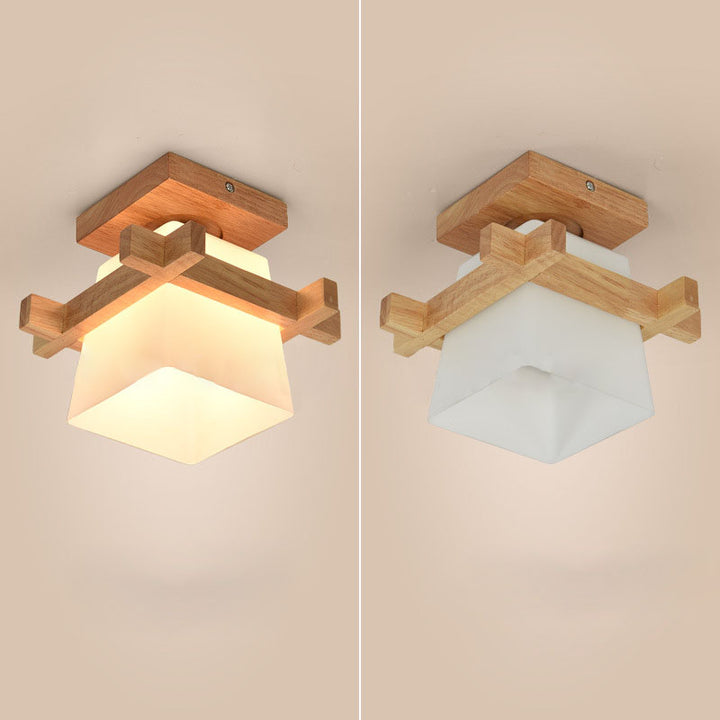 Traditional Japanese Rectangular Solid Wood Glass 1-Light Semi-Flush Mount Ceiling Light For Hallway