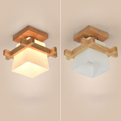 Traditional Japanese Rectangular Solid Wood Glass 1-Light Semi-Flush Mount Ceiling Light For Hallway