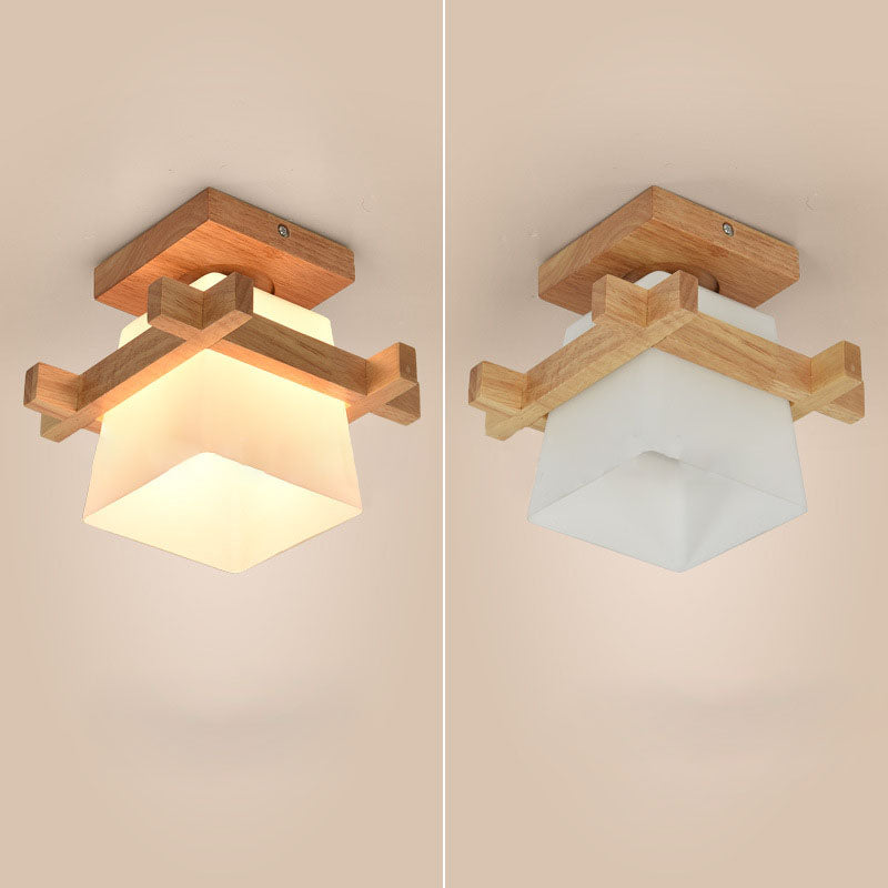 Traditional Japanese Rectangular Solid Wood Glass 1-Light Semi-Flush Mount Ceiling Light For Hallway