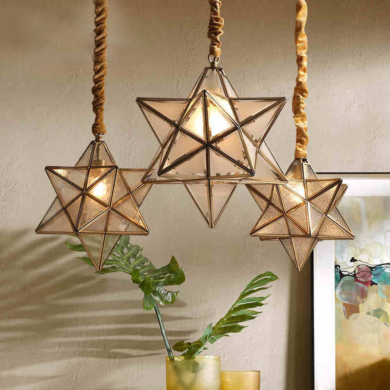 Lustre suspendu à 1 lumière en verre de cuivre étoile créative contemporaine pour chambre 