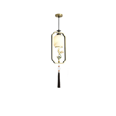 Lanterne chinoise traditionnelle cylindre cuivre verre alliage de zinc 1-lumière suspension pour chambre 