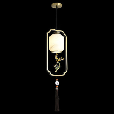Lanterne chinoise traditionnelle cylindre cuivre verre alliage de zinc 1-lumière suspension pour chambre 