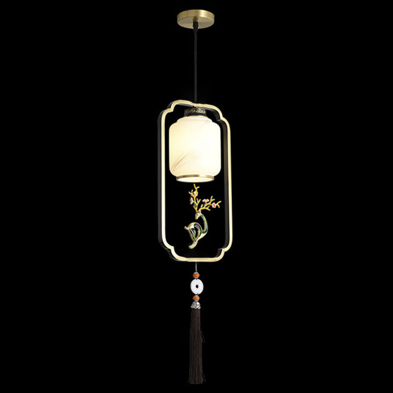 Lanterne chinoise traditionnelle cylindre cuivre verre alliage de zinc 1-lumière suspension pour chambre 