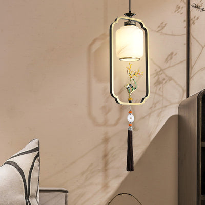 Lanterne chinoise traditionnelle cylindre cuivre verre alliage de zinc 1-lumière suspension pour chambre 