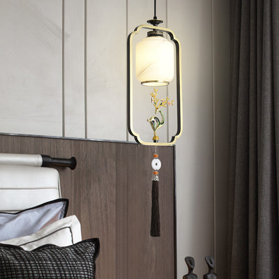 Lanterne chinoise traditionnelle cylindre cuivre verre alliage de zinc 1-lumière suspension pour chambre 