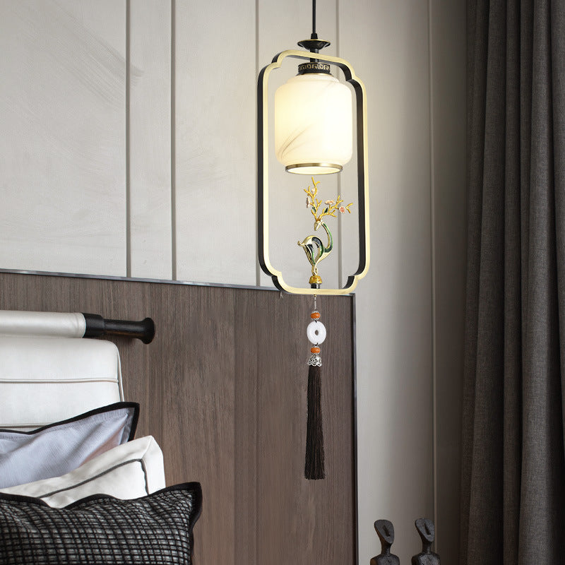 Lanterne chinoise traditionnelle cylindre cuivre verre alliage de zinc 1-lumière suspension pour chambre 