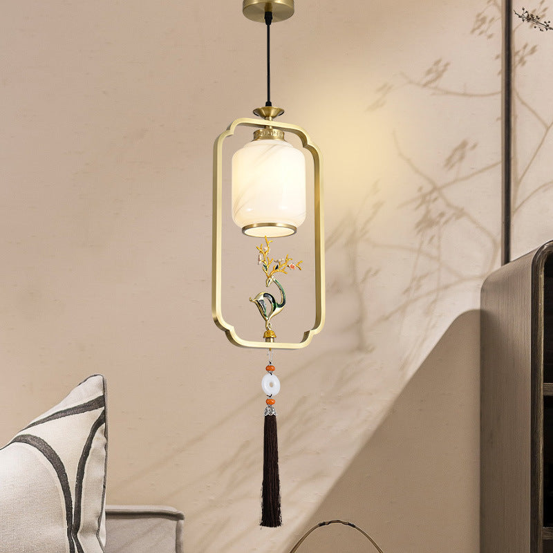 Lanterne chinoise traditionnelle cylindre cuivre verre alliage de zinc 1-lumière suspension pour chambre 