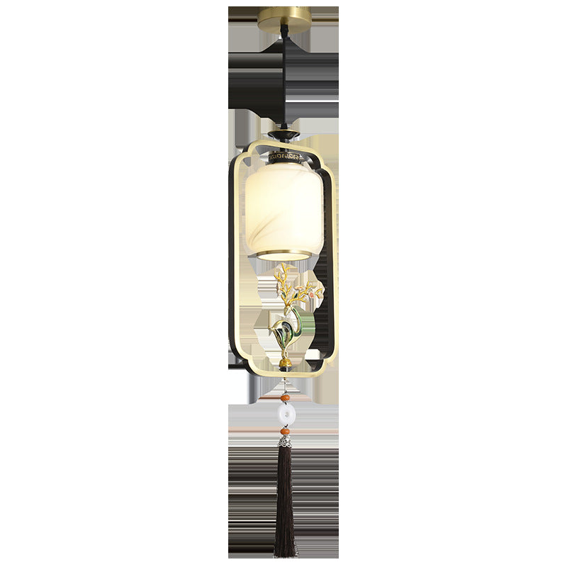 Lanterne chinoise traditionnelle cylindre cuivre verre alliage de zinc 1-lumière suspension pour chambre 