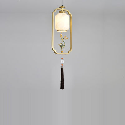Lanterne chinoise traditionnelle cylindre cuivre verre alliage de zinc 1-lumière suspension pour chambre 