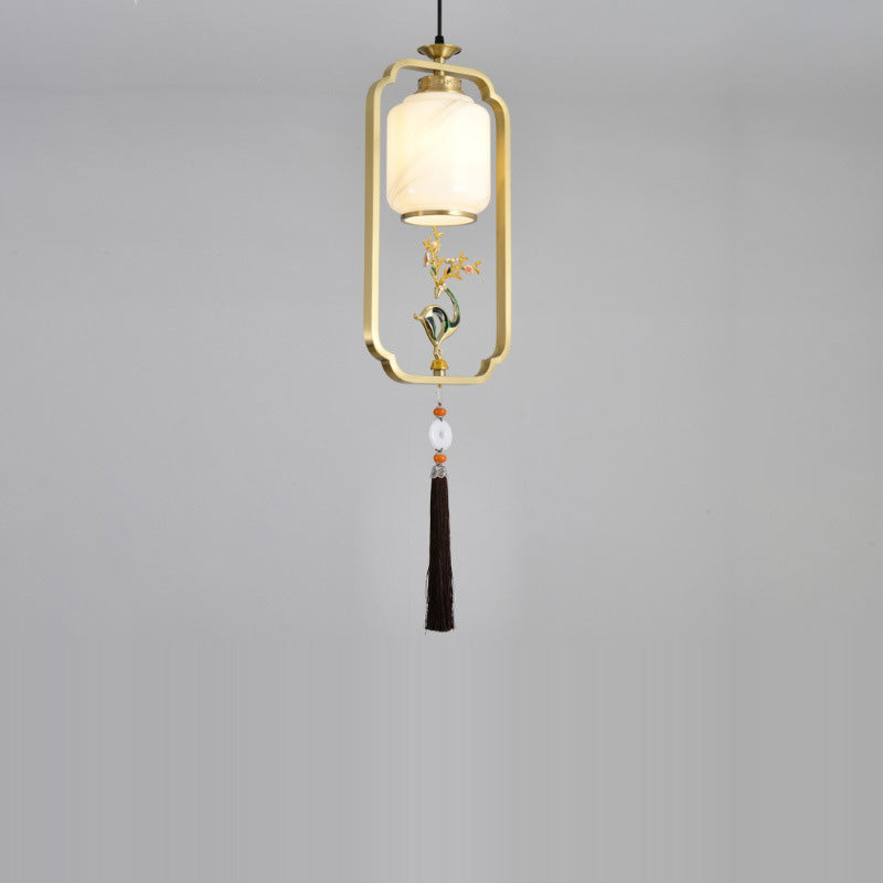 Lanterne chinoise traditionnelle cylindre cuivre verre alliage de zinc 1-lumière suspension pour chambre 