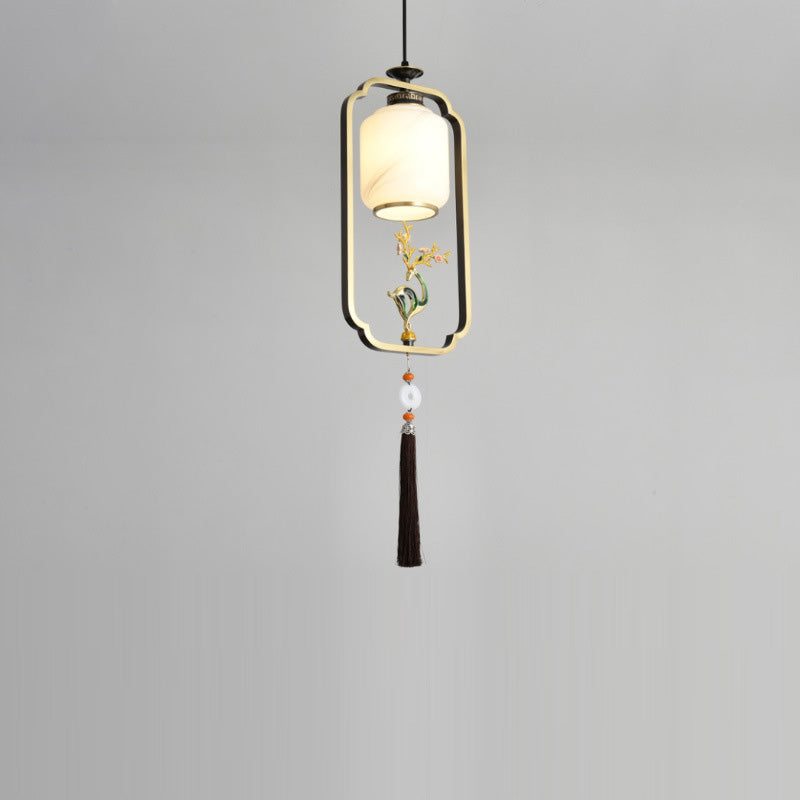 Lanterne chinoise traditionnelle cylindre cuivre verre alliage de zinc 1-lumière suspension pour chambre 