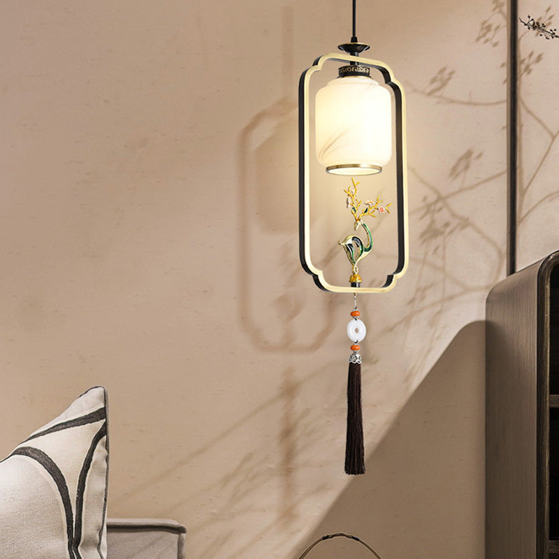 Lanterne chinoise traditionnelle cylindre cuivre verre alliage de zinc 1-lumière suspension pour chambre 