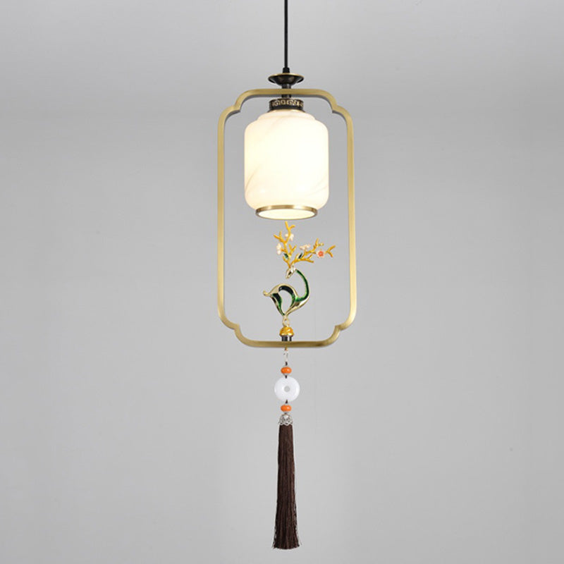 Lanterne chinoise traditionnelle cylindre cuivre verre alliage de zinc 1-lumière suspension pour chambre 
