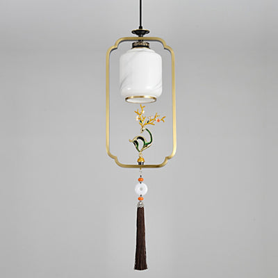 Lanterne chinoise traditionnelle cylindre cuivre verre alliage de zinc 1-lumière suspension pour chambre 