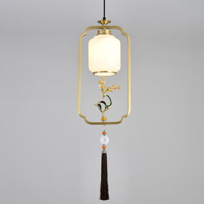 Lanterne chinoise traditionnelle cylindre cuivre verre alliage de zinc 1-lumière suspension pour chambre 