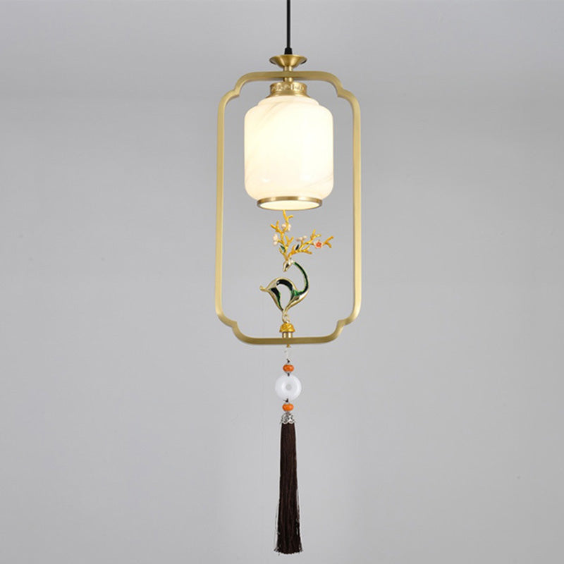 Lanterne chinoise traditionnelle cylindre cuivre verre alliage de zinc 1-lumière suspension pour chambre 