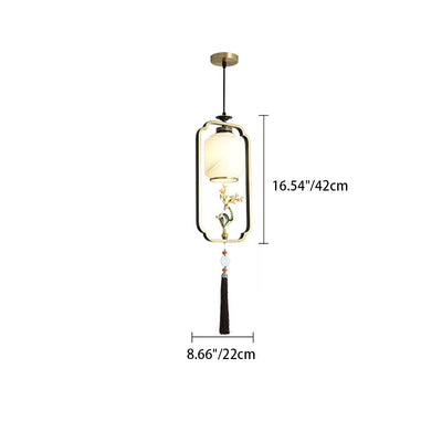 Lanterne chinoise traditionnelle cylindre cuivre verre alliage de zinc 1-lumière suspension pour chambre 