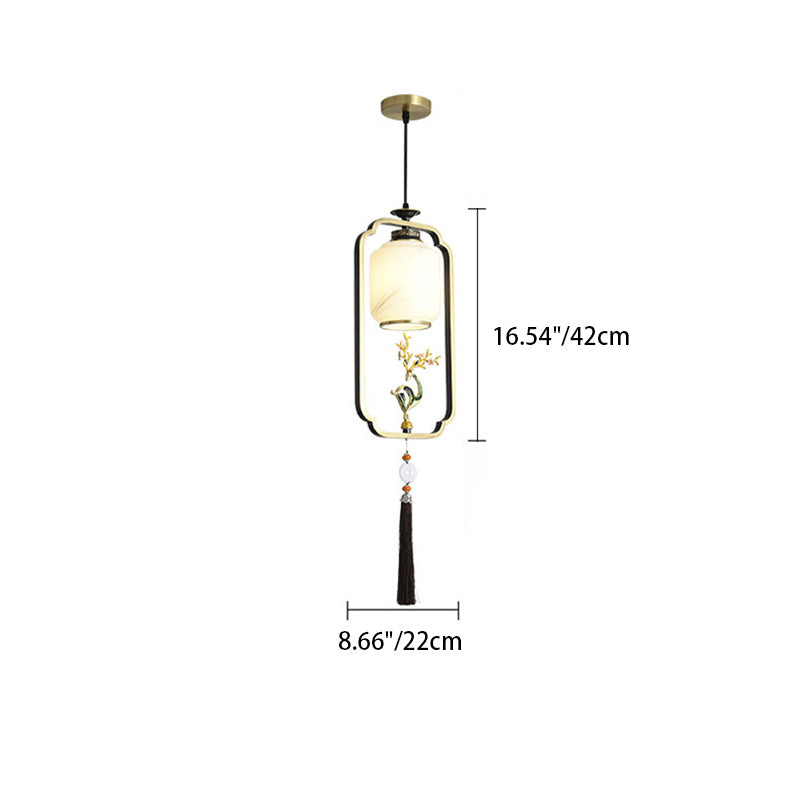 Lanterne chinoise traditionnelle cylindre cuivre verre alliage de zinc 1-lumière suspension pour chambre 