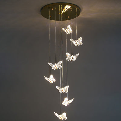 Moderna lámpara de araña redonda de mariposa creativa de aleación de zinc y acrílico LED para dormitorio 